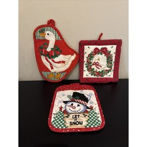 Lot‎ Of 3 Vintage Potholders Christmas Goose Snowman